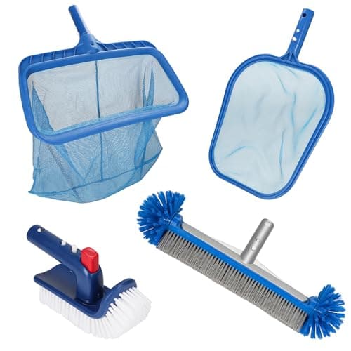 Ahomdoo Pool Cleaning Kit Professional Heavy Duty Leaf Skimmer Net, Deep Bag Rake & Wall Scrubber Brush, 4-Piece Pool Cleaning Equipment Set for Above Ground & Inground Pools (Pole Not Included)