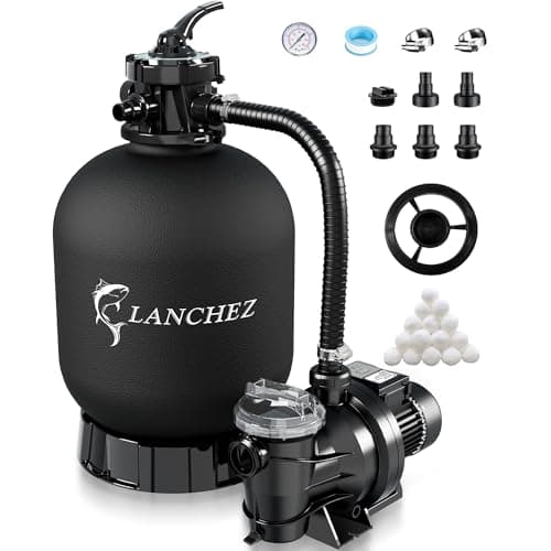 LANCHEZ 16" Sand Filter with 1.5 HP Pool Pump, Digital Programmer Timer, 4900 GPH for Above Ground Pool Pump Set Up to 16000 Gallons, 7-Way Valve Sand Filter Pump System