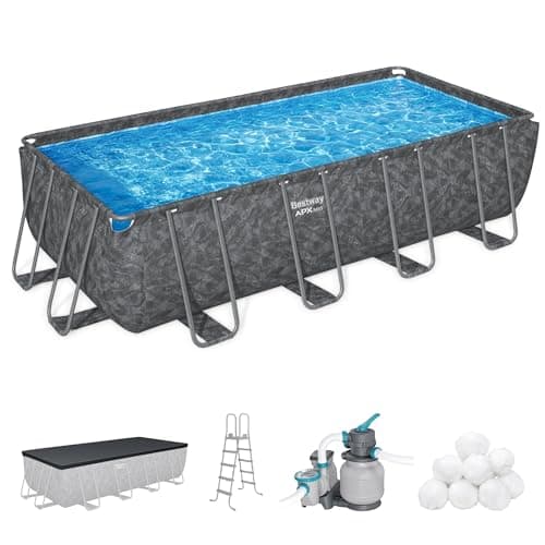 Bestway APX 365 18' x 9' x 52" Above Ground Pool, Rectangular Metal Frame Outdoor Swimming Pool Set with Sand Filter Pump, Ladder, and Cover, Dark Marble