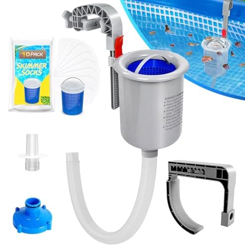 ROMIVO Above Ground Pool Skimmer with 10 PCS Skimmer Socks, Floating Pool Surface Skimmer Basket for Above Ground Pool, Compatible with Intex Inflatable Pools, Efficiently Removes Leaves Debris