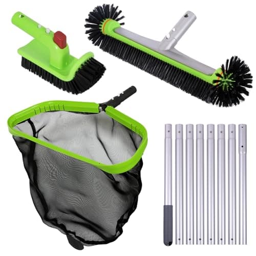 Deluxe Swimming Pool Cleaning Kit Including Professional Leaf Skimmer Net, 17.5" Pool Brush Head,Scrub Brush and 10.5 FT Pole