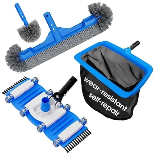 TidyMister 3-in-1 Pool Cleaning Kit Full Set - 18in Rounded End Pool Brush & Ergonomic Pool Vacuum Head with Wheels& Pool Nylon Net Fine Mesh for Above Ground In-ground Pools, Spas, Hot Tubs